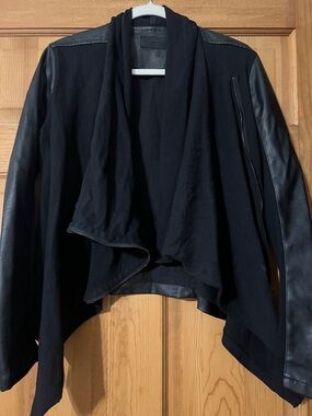 Blank NYC Black Draped Jacket with Leather Sleeves